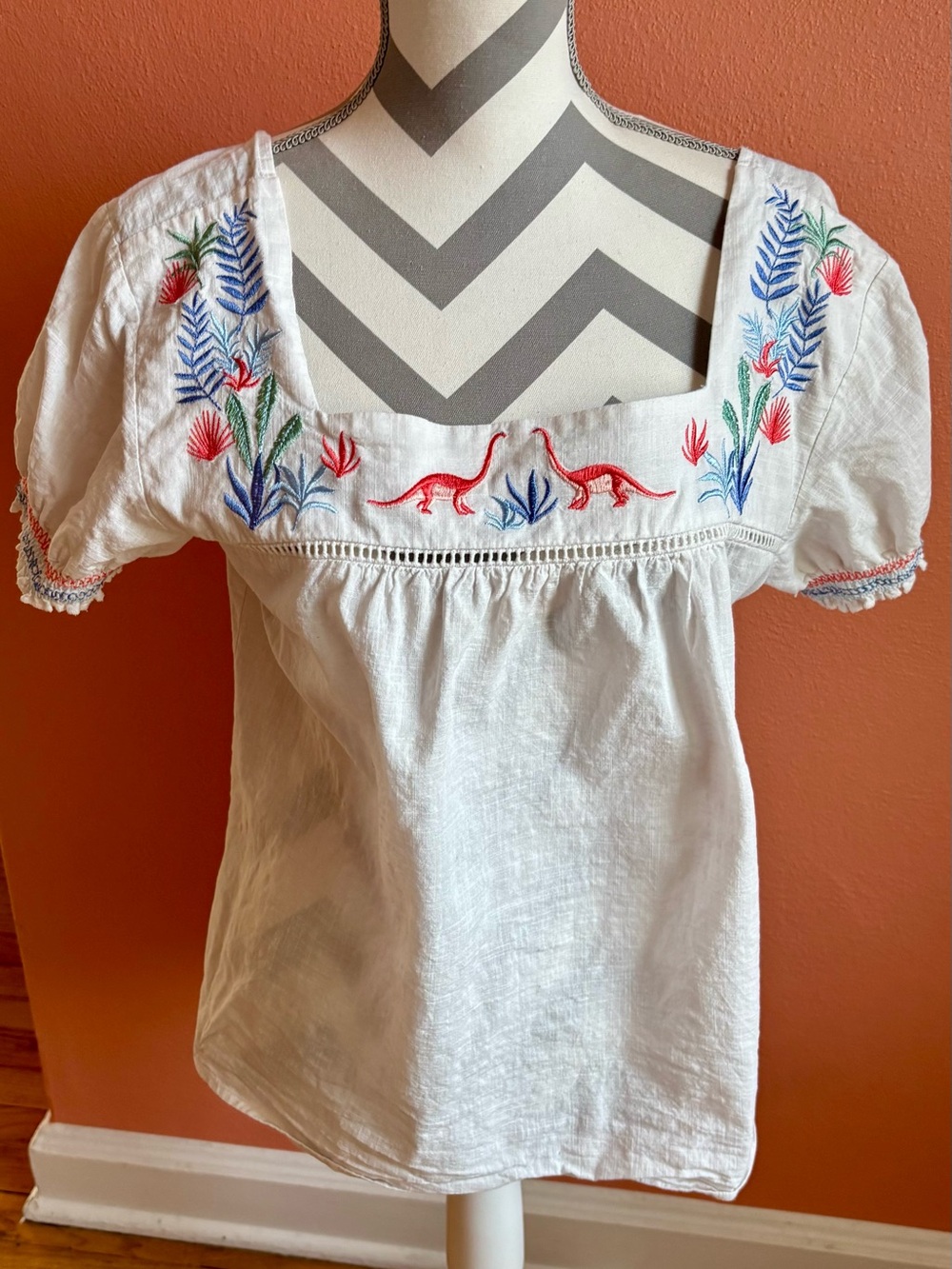 White Embroidered Square-Neck Blouse with Red Accents